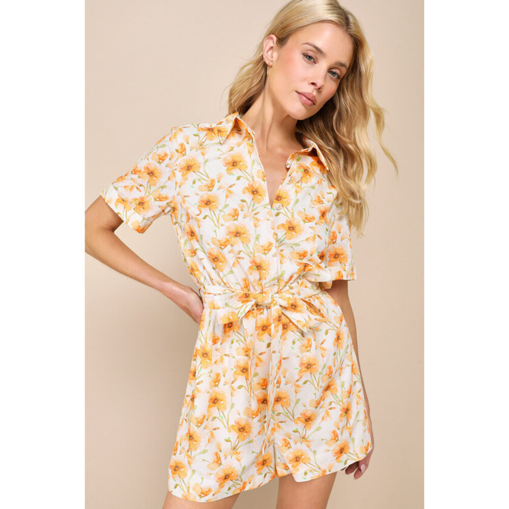 Lulus Fresh Sunshine Ivory Floral Collared Short Sleeve Romper White - Size XS